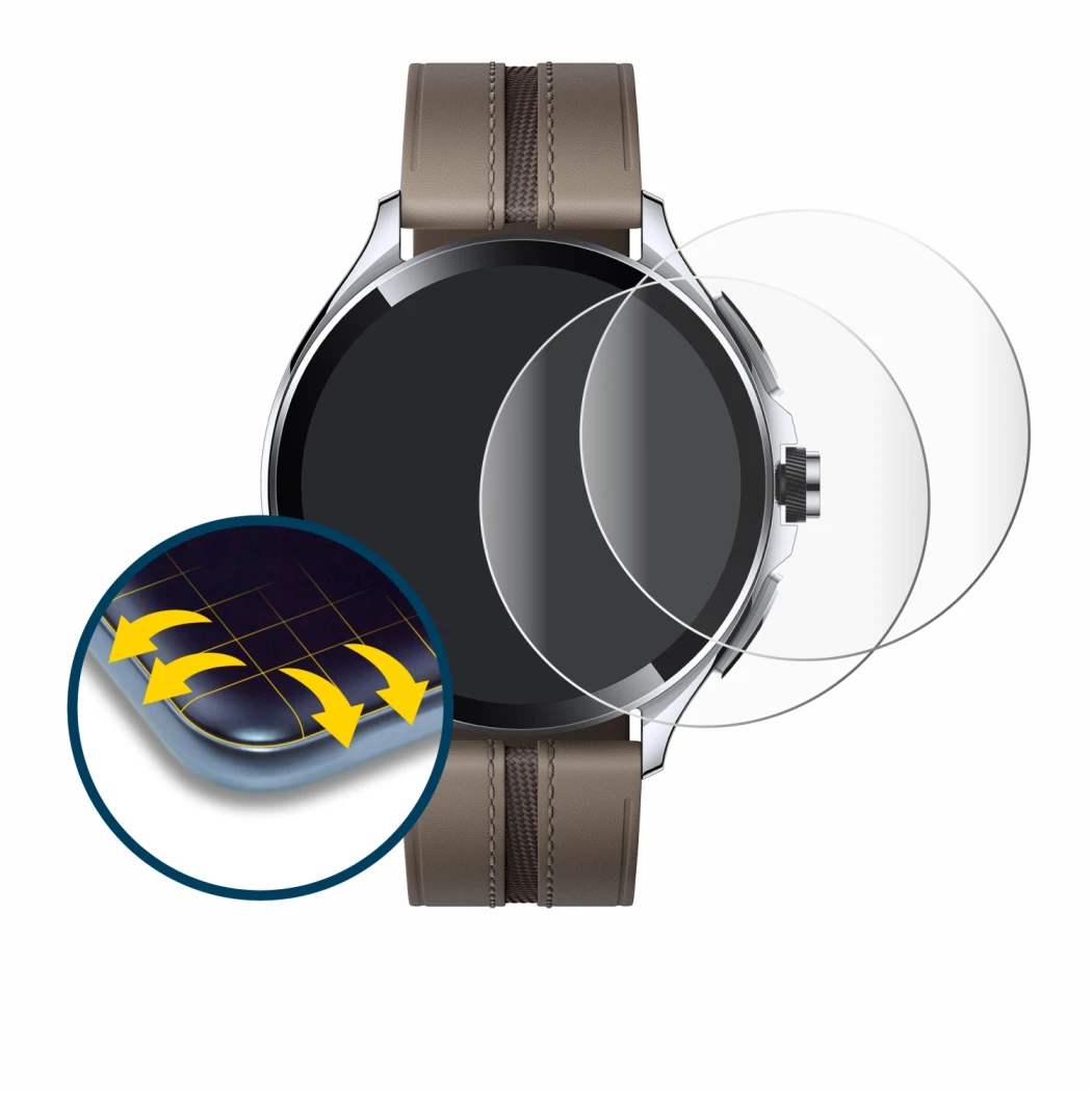 Immagine del dispositivo Xiaomi Watch 2 Pro con un'ampia varietà di protezioni per lo schermo.