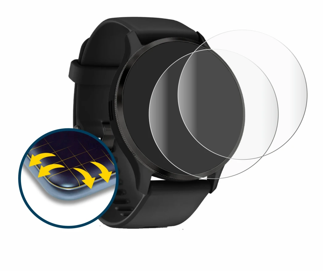 Immagine del dispositivo Garmin Venu 3S con un'ampia varietà di protezioni per lo schermo.