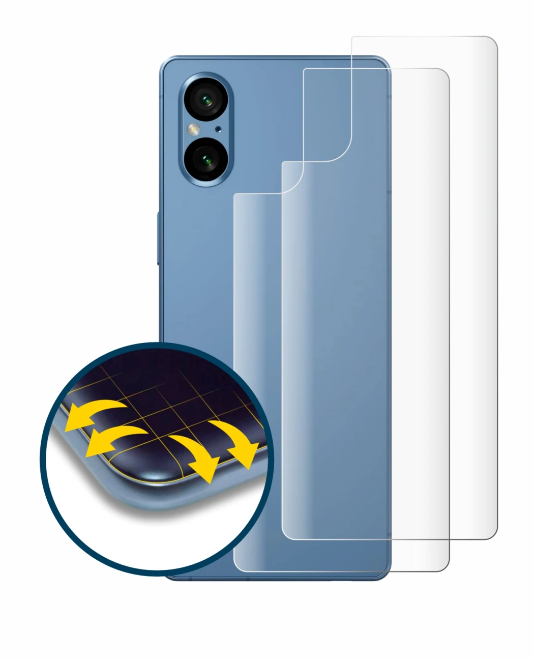 Immagine del dispositivo Sony Xperia 5 V (Posteriore) con un'ampia varietà di protezioni per lo schermo.