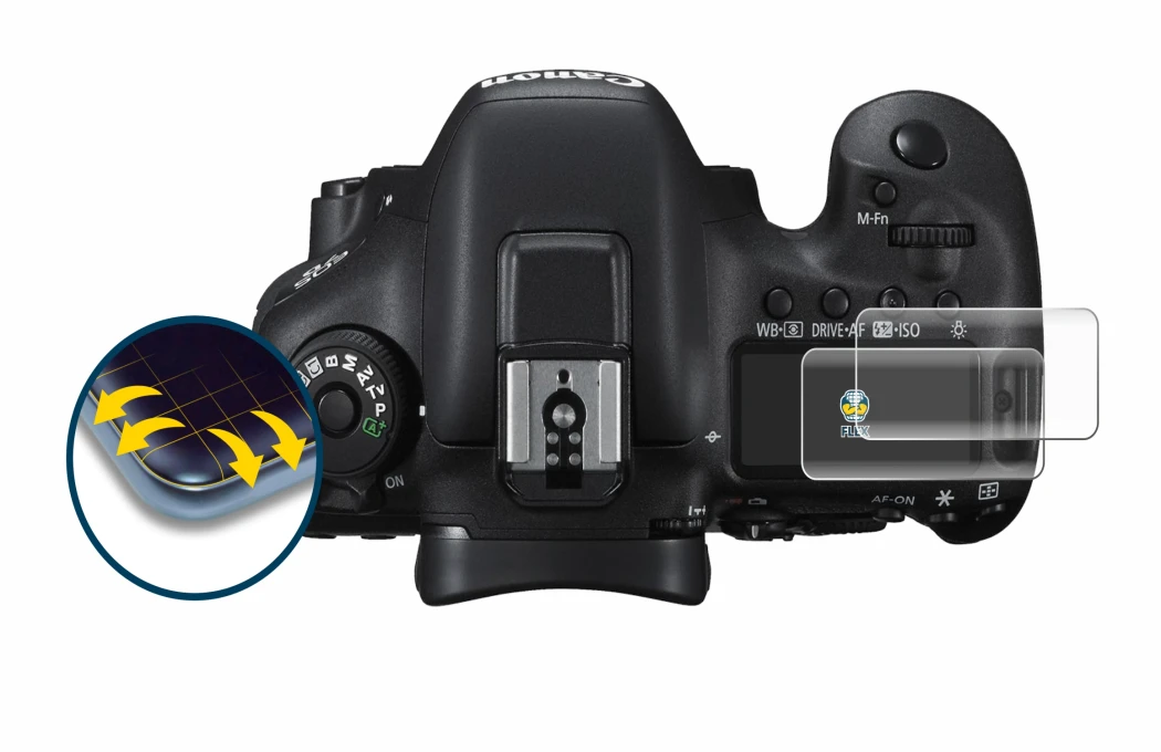 Immagine del dispositivo Canon EOS 7D Mark II (display a spalla) con un'ampia varietà di protezioni per lo schermo.