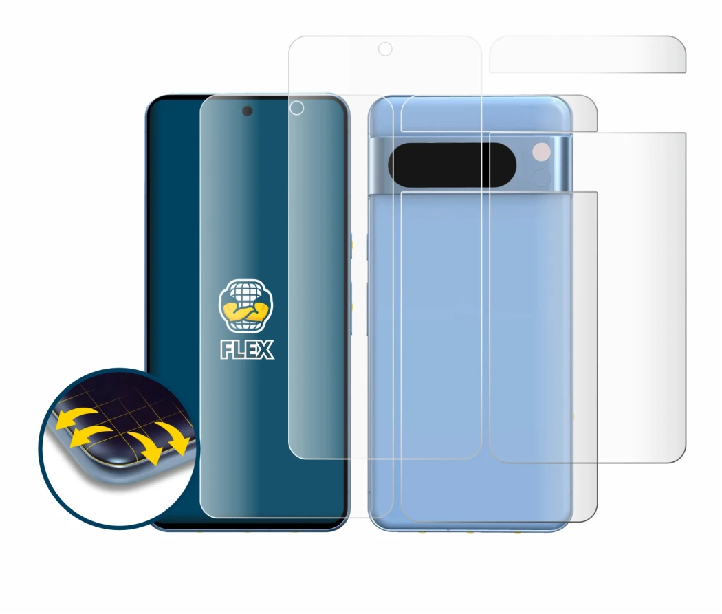 Immagine del dispositivo Google Pixel 8 Pro (Fronte+Retro) con un'ampia varietà di protezioni per lo schermo.