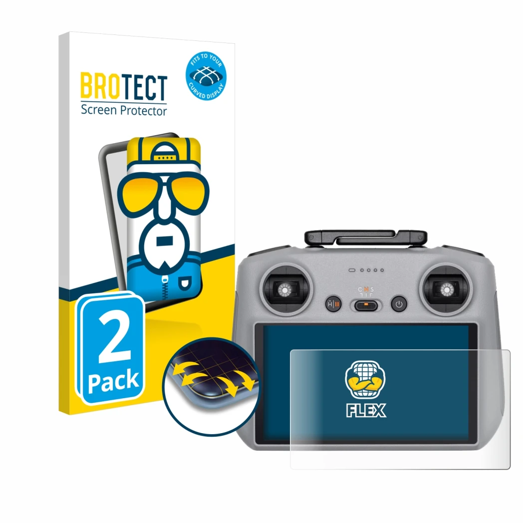 Parte frontale di una confezione del prodotto con il logo del marchio BROTECT. Accanto è raffigurato il dispositivo DJI RC 2 c