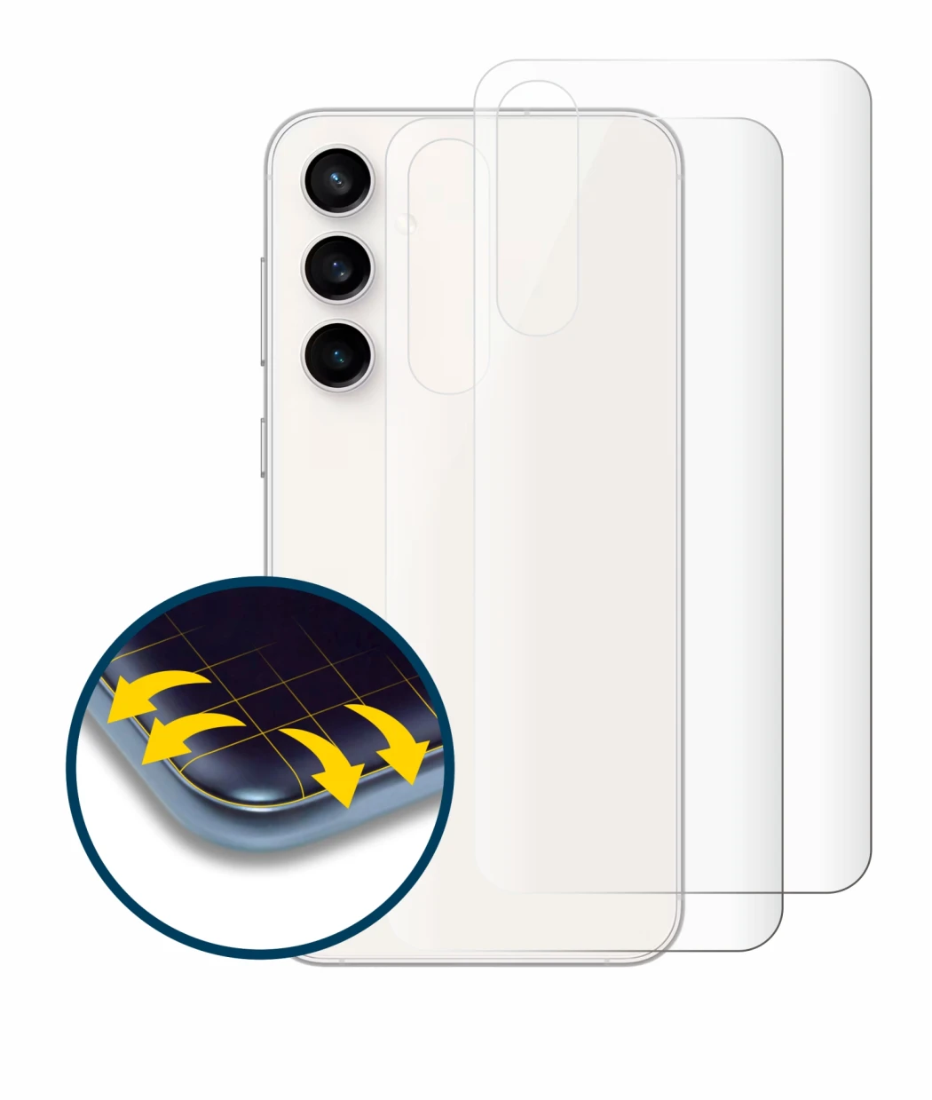 Immagine del dispositivo Samsung Galaxy S23 FE (Posteriore) con un'ampia varietà di protezioni per lo schermo.
