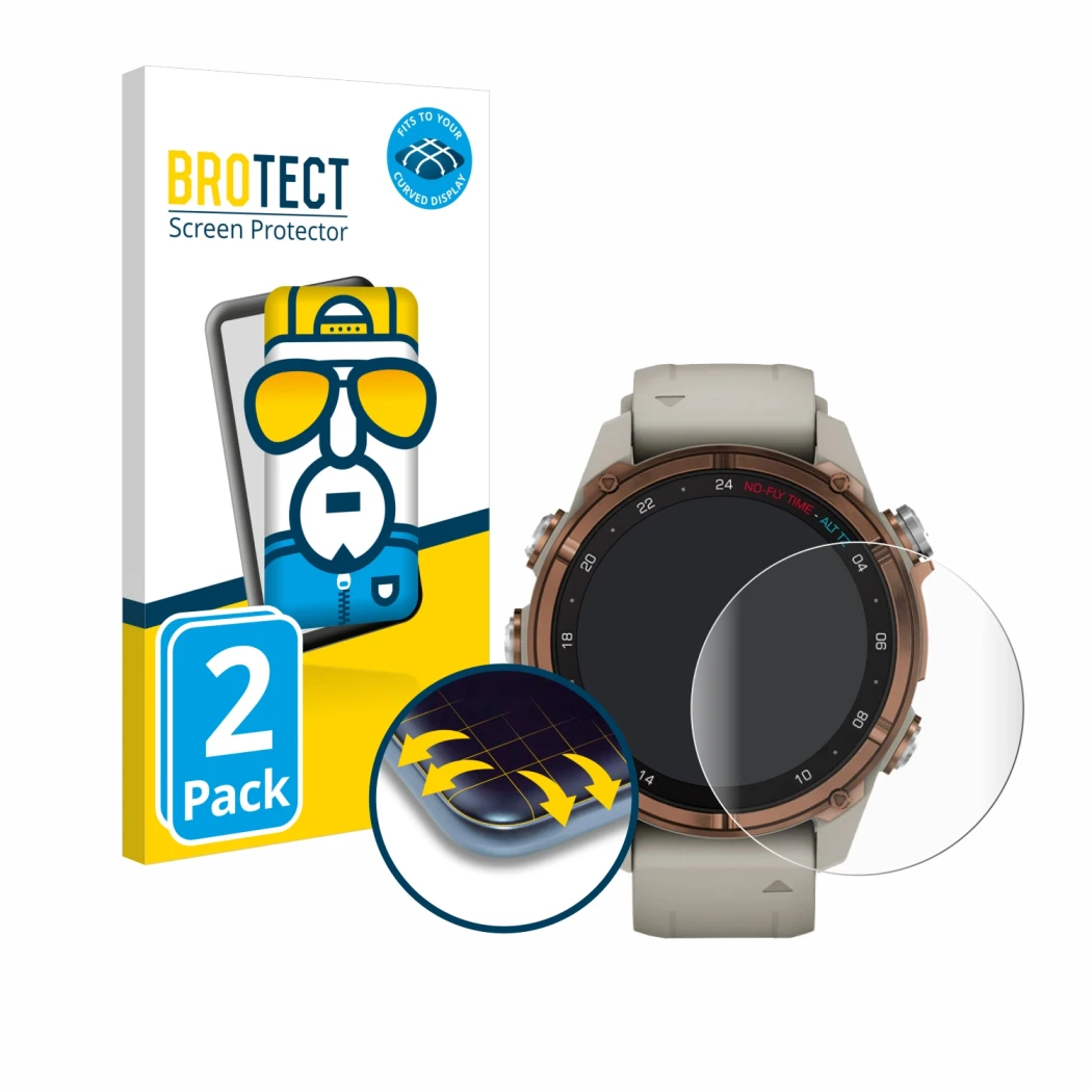Parte frontale di una confezione del prodotto con il logo del marchio BROTECT. Accanto è raffigurato il dispositivo Garmin Des