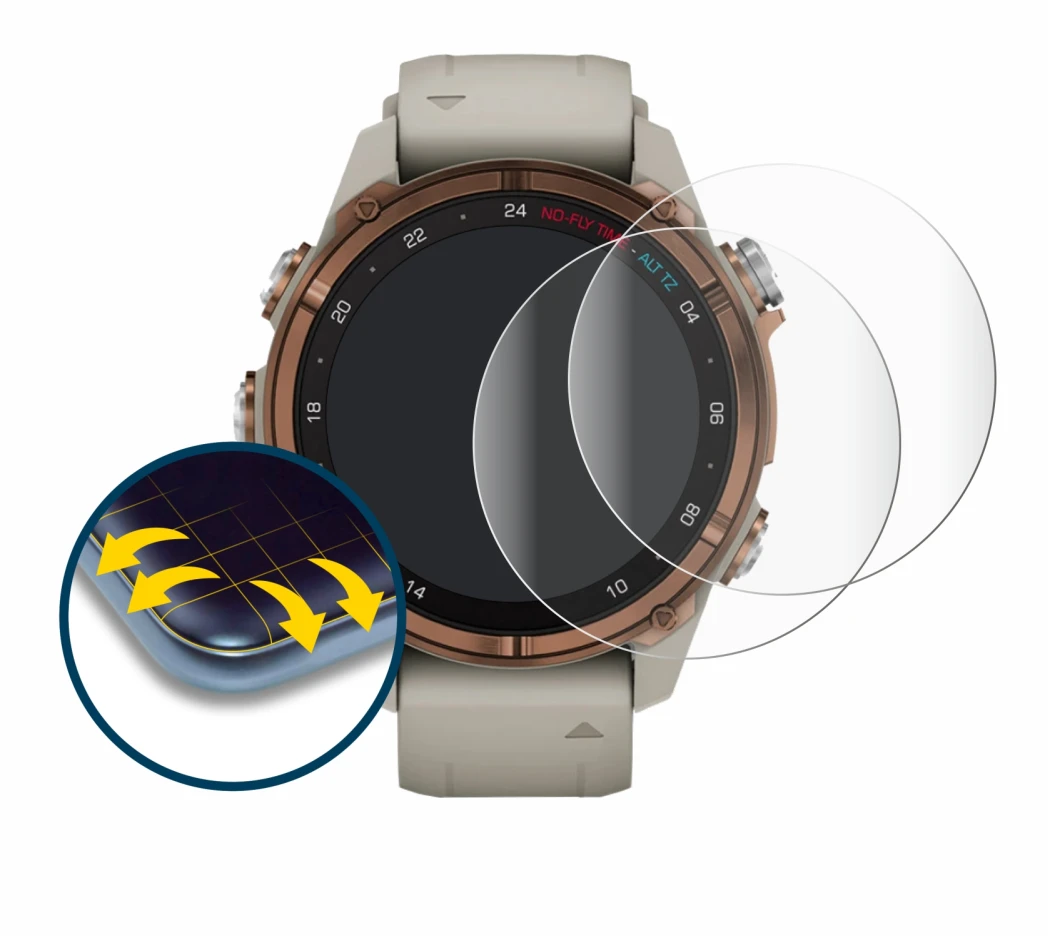 Immagine del dispositivo Garmin Descent Mk3 (43 mm) con un'ampia varietà di protezioni per lo schermo.