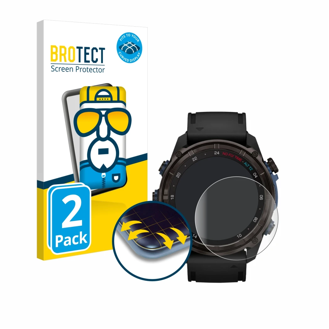 Parte frontale di una confezione del prodotto con il logo del marchio BROTECT. Accanto è raffigurato il dispositivo Garmin Des