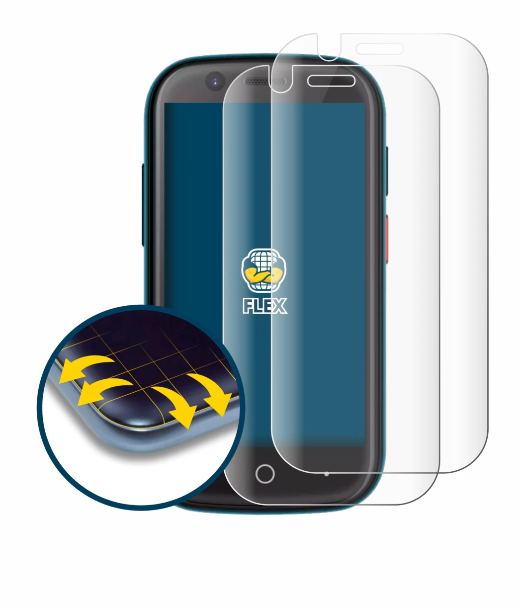 Immagine del dispositivo Unihertz Jelly 2E con un'ampia varietà di protezioni per lo schermo.