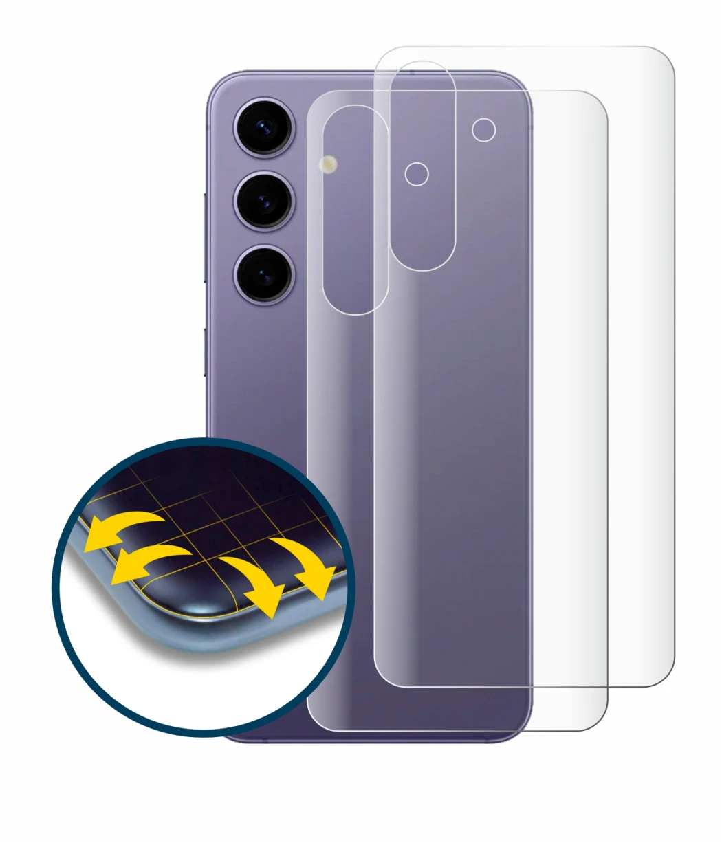 Immagine del dispositivo Samsung Galaxy S24 (Posteriore) con un'ampia varietà di protezioni per lo schermo.