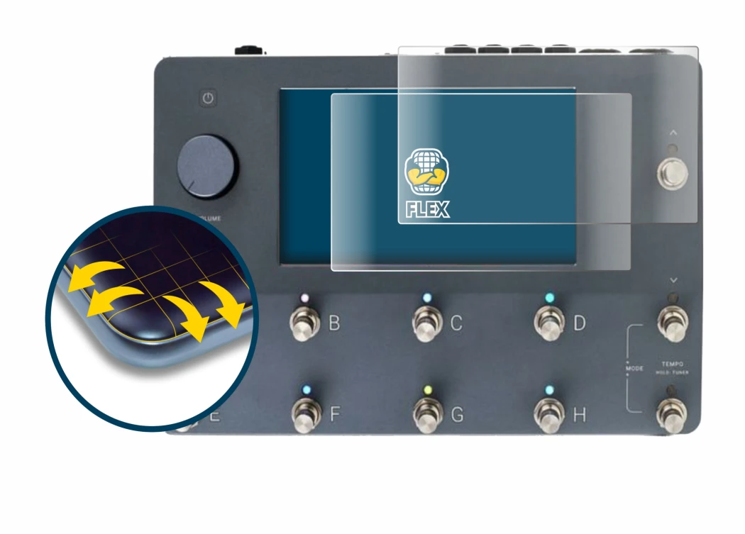 Immagine del dispositivo Neural DSP Quad Cortex con un'ampia varietà di protezioni per lo schermo.