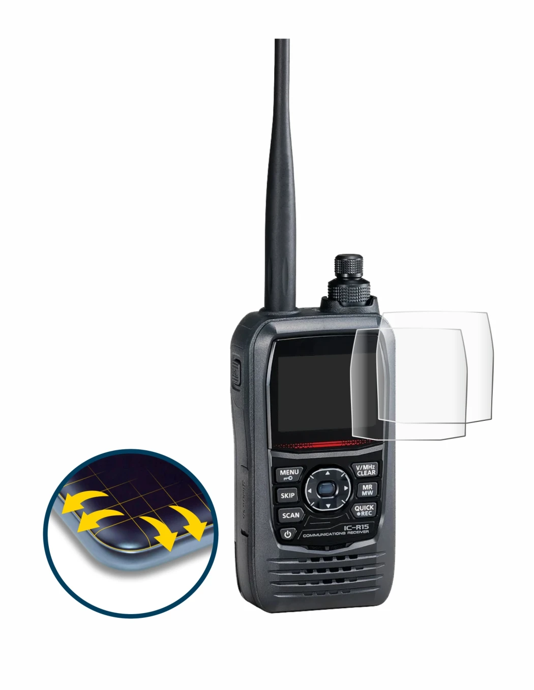 Immagine del dispositivo Icom IC-R15 con un'ampia varietà di protezioni per lo schermo.
