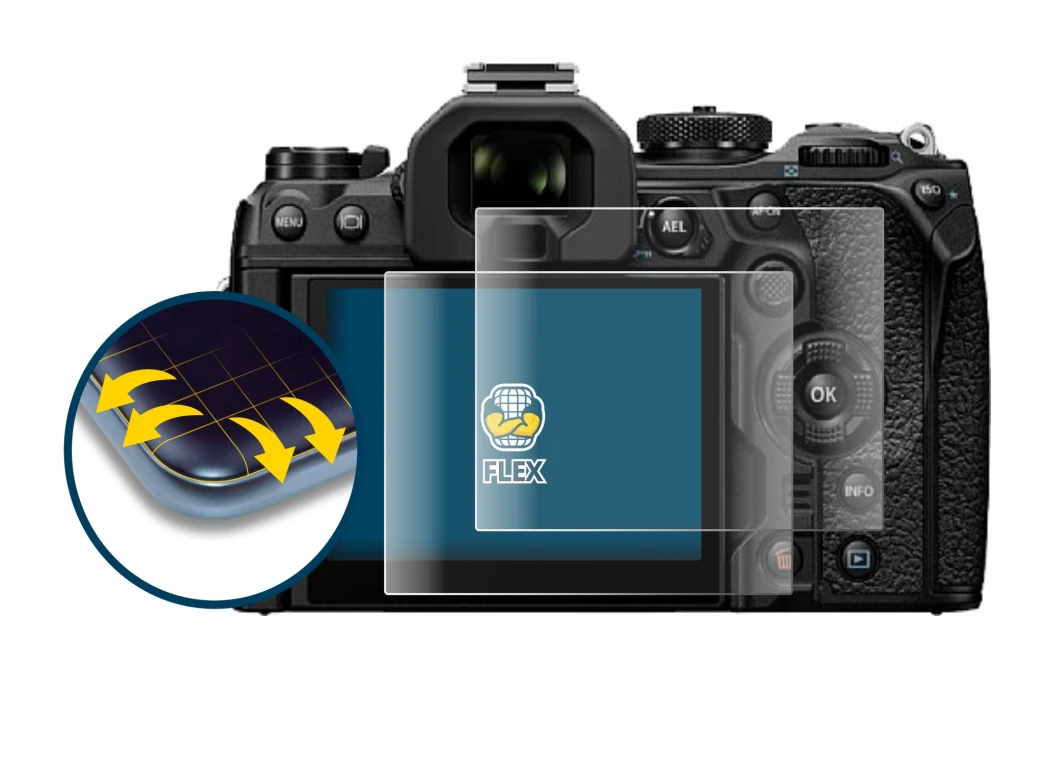 Immagine del dispositivo Olympus OM System OM-1 Mark II con un'ampia varietà di protezioni per lo schermo.