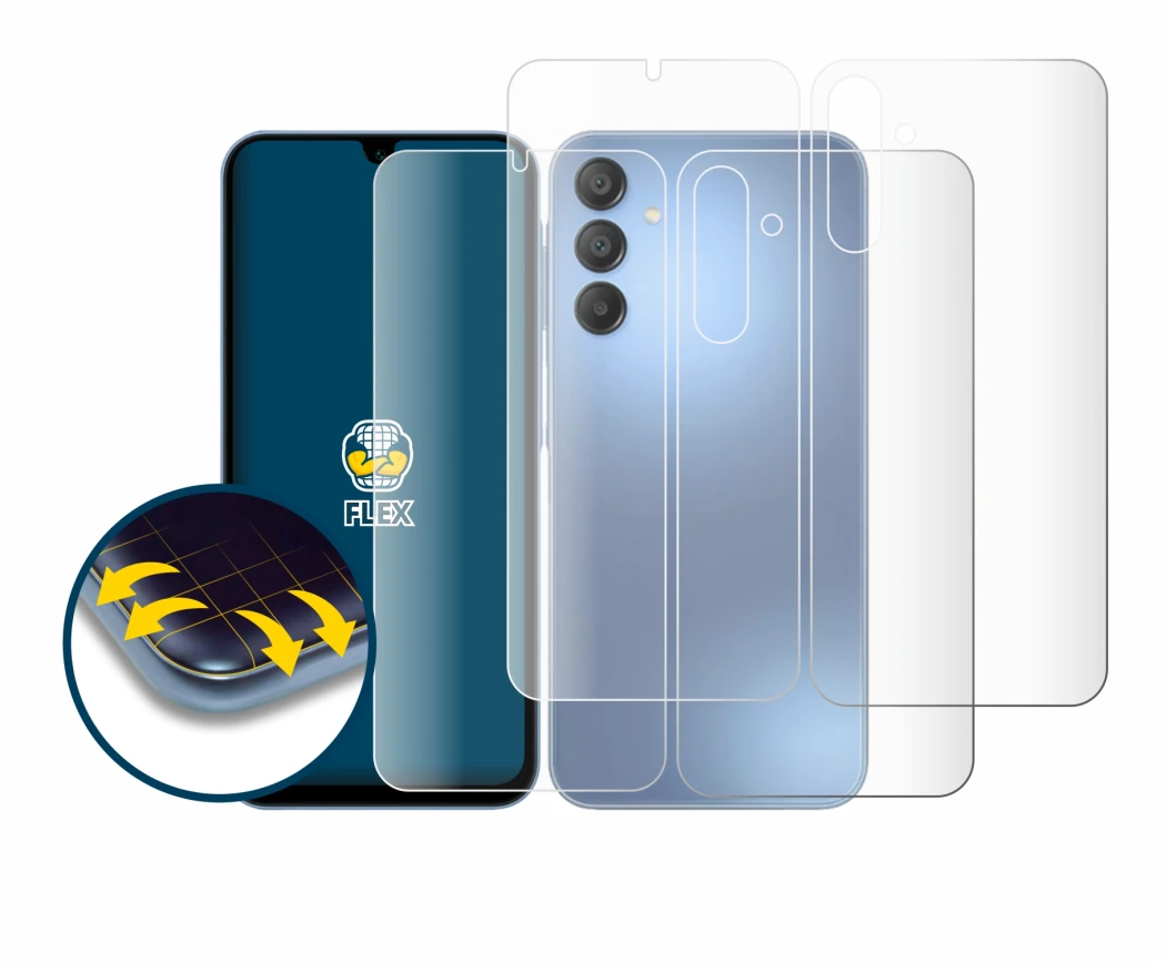 Immagine del dispositivo Samsung Galaxy A15 (Fronte+Retro) con un'ampia varietà di protezioni per lo schermo.