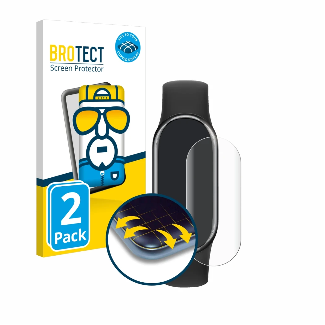 Parte frontale di una confezione del prodotto con il logo del marchio BROTECT. Accanto è raffigurato il dispositivo Xiaomi Sma