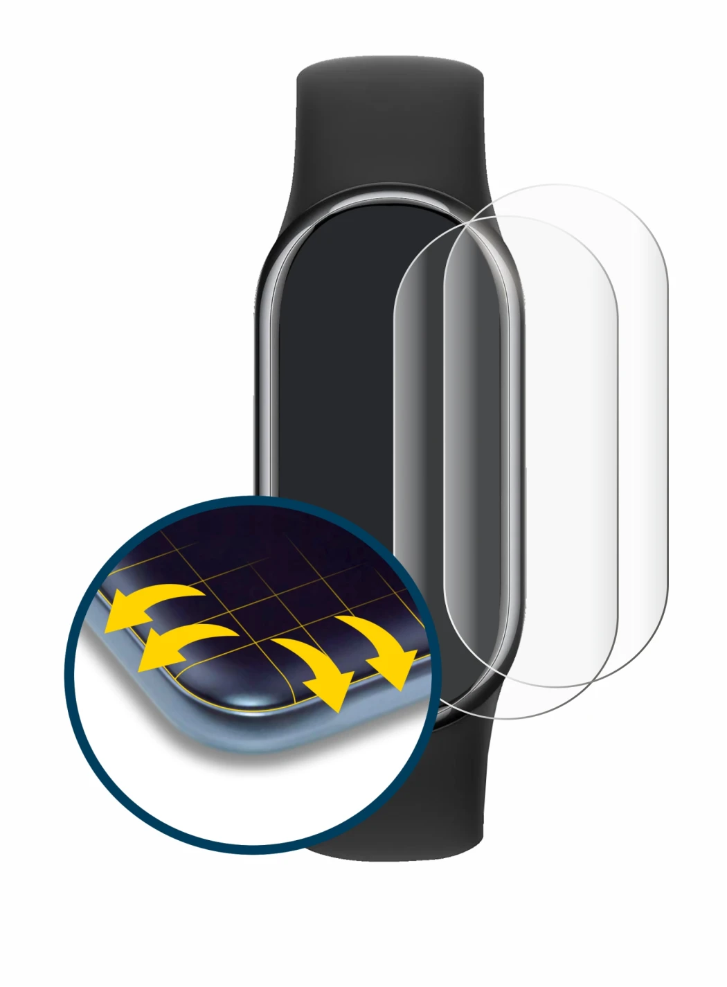 Immagine del dispositivo Xiaomi Smart Band 8 con un'ampia varietà di protezioni per lo schermo.