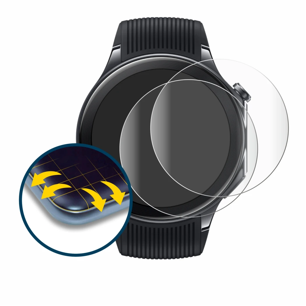 Immagine del dispositivo OnePlus Watch 2 con un'ampia varietà di protezioni per lo schermo.