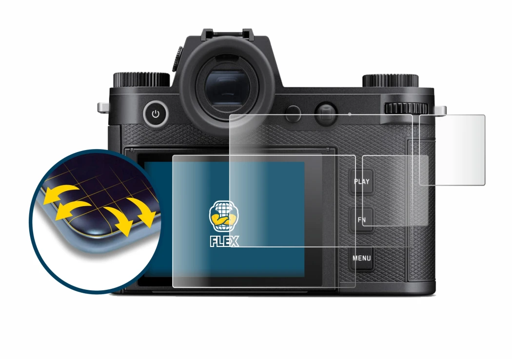 Immagine del dispositivo Leica SL3 (Display + display a spalla) con un'ampia varietà di protezioni per lo schermo.