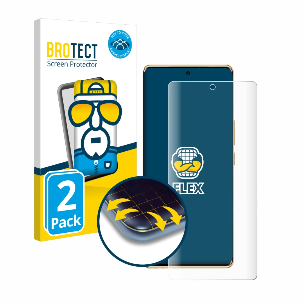 Parte frontale di una confezione del prodotto con il logo del marchio BROTECT. Accanto è raffigurato il dispositivo Infinix No