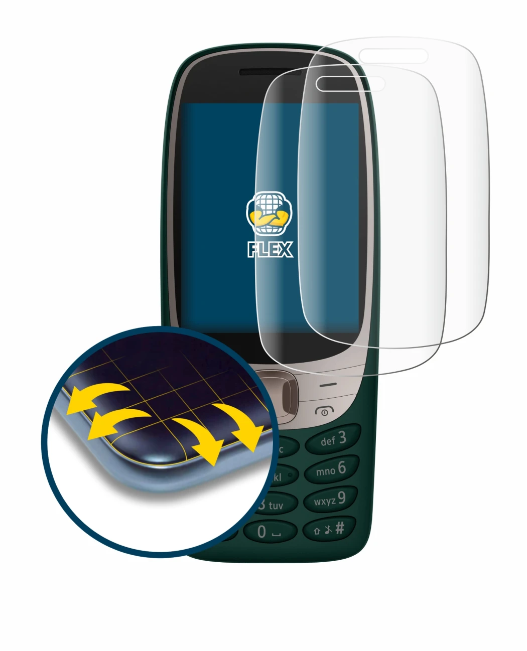 Immagine del dispositivo Nokia 6310 (2024) con un'ampia varietà di protezioni per lo schermo.