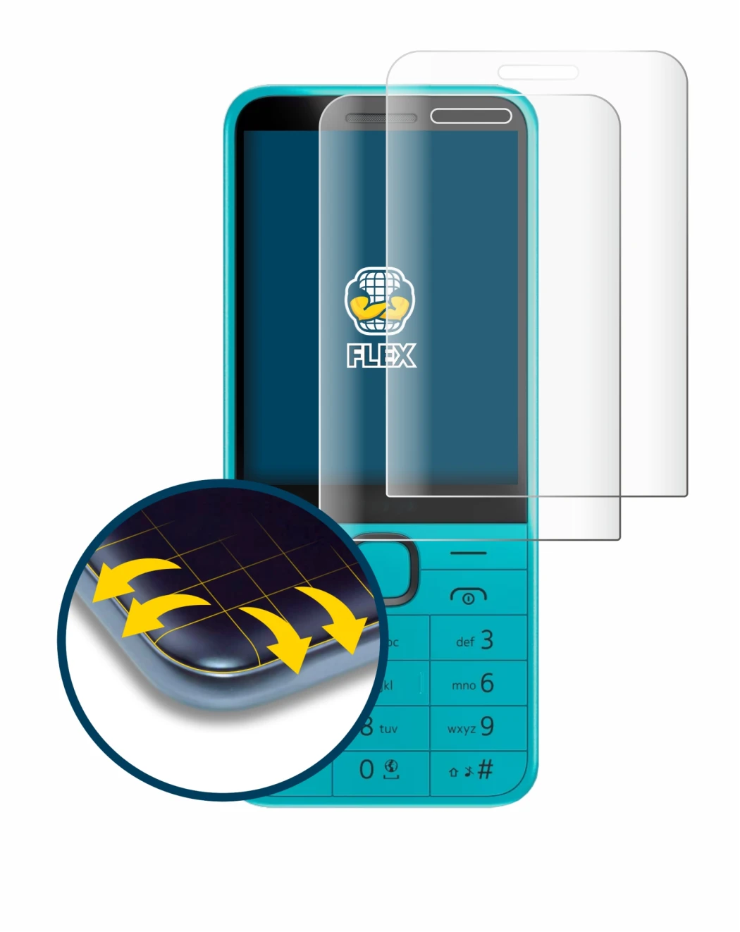 Immagine del dispositivo Nokia 235 4G (2024) con un'ampia varietà di protezioni per lo schermo.