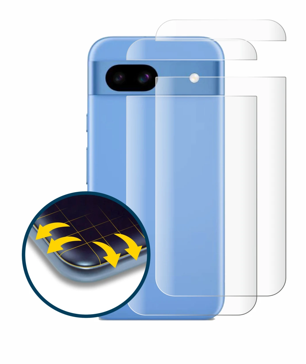 Immagine del dispositivo Google Pixel 8a (Posteriore) con un'ampia varietà di protezioni per lo schermo.