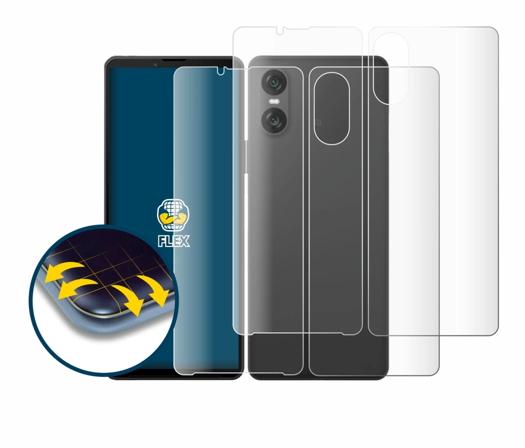 Immagine del dispositivo Sony Xperia 10 VI (Fronte+Retro) con un'ampia varietà di protezioni per lo schermo.