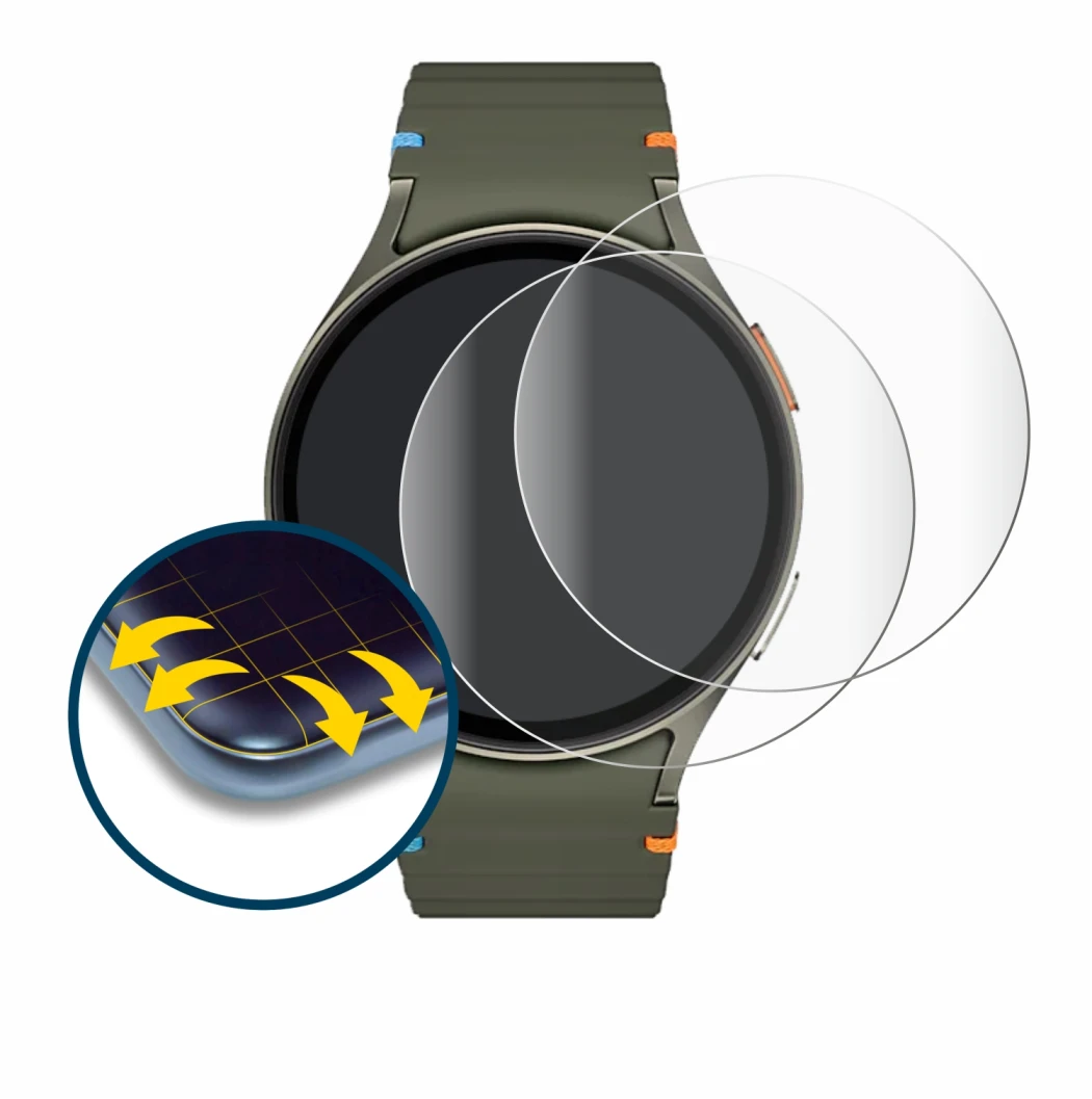 Immagine del dispositivo Samsung Galaxy Watch 7 (44 mm) con un'ampia varietà di protezioni per lo schermo.
