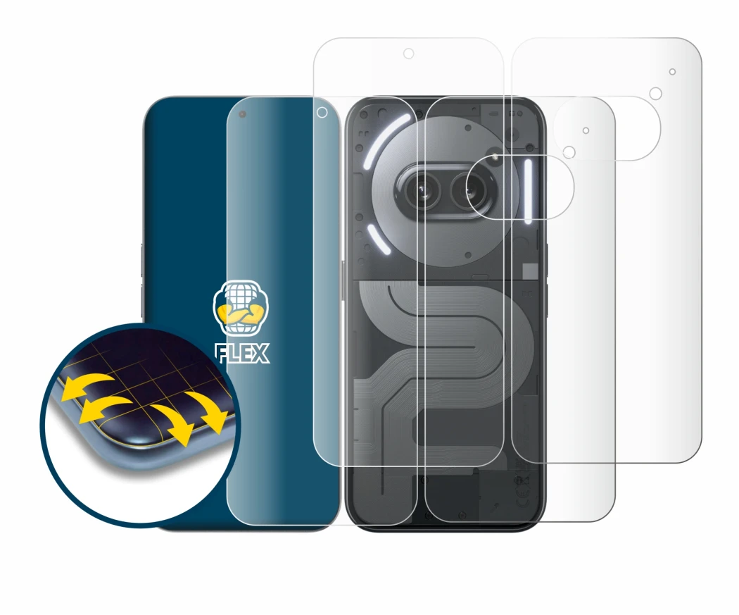 Immagine del dispositivo Nothing Phone (2a) Plus (Fronte+Retro) con un'ampia varietà di protezioni per lo schermo.