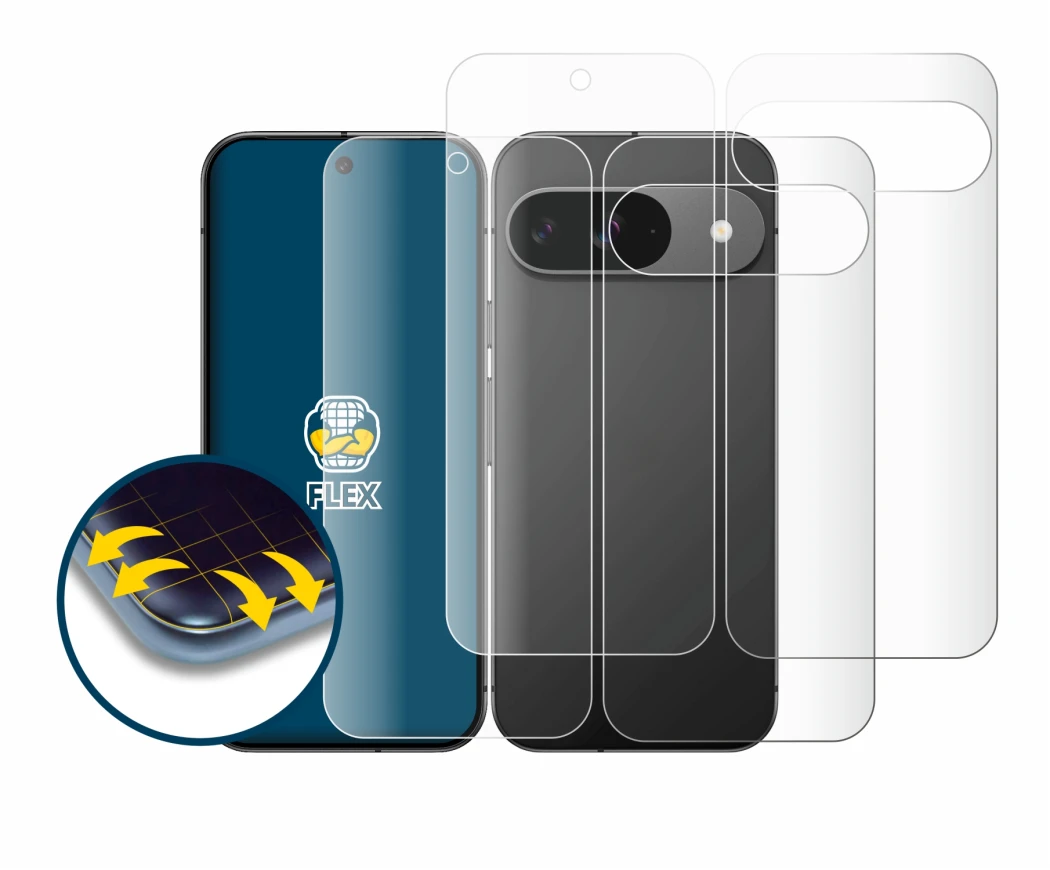 Immagine del dispositivo Google Pixel 9 (Fronte+Retro) con un'ampia varietà di protezioni per lo schermo.