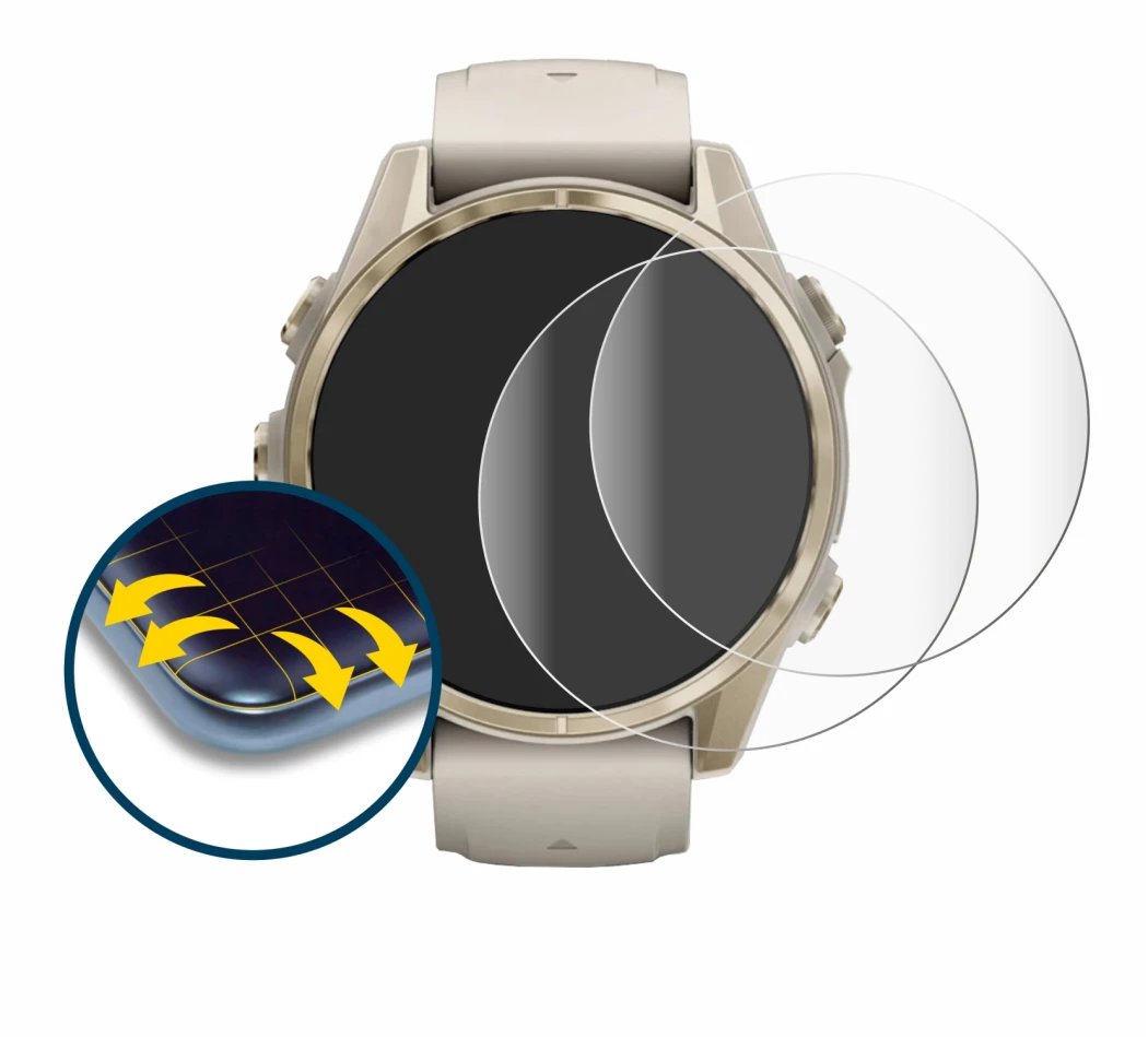 Immagine del dispositivo Garmin Fenix 8 (43 mm) con un'ampia varietà di protezioni per lo schermo.