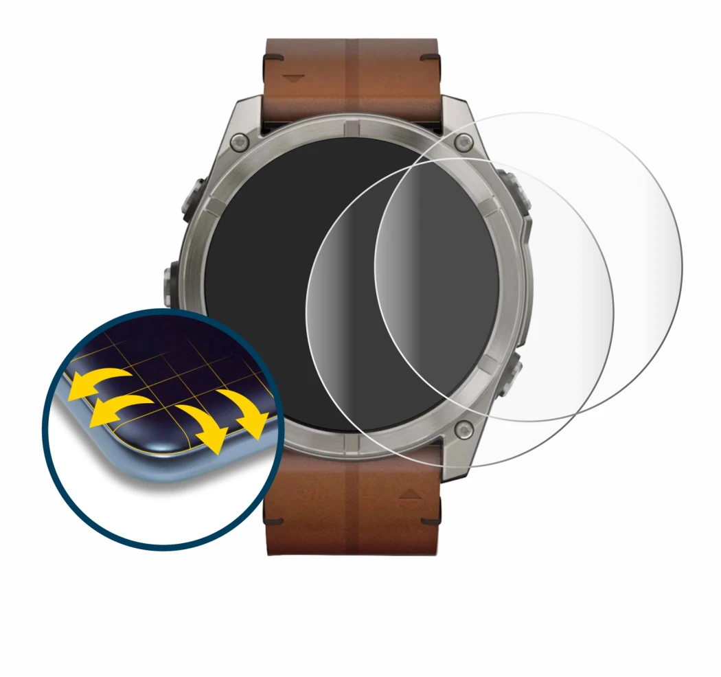 Immagine del dispositivo Garmin Fenix 8 AMOLED (51 mm) con un'ampia varietà di protezioni per lo schermo.