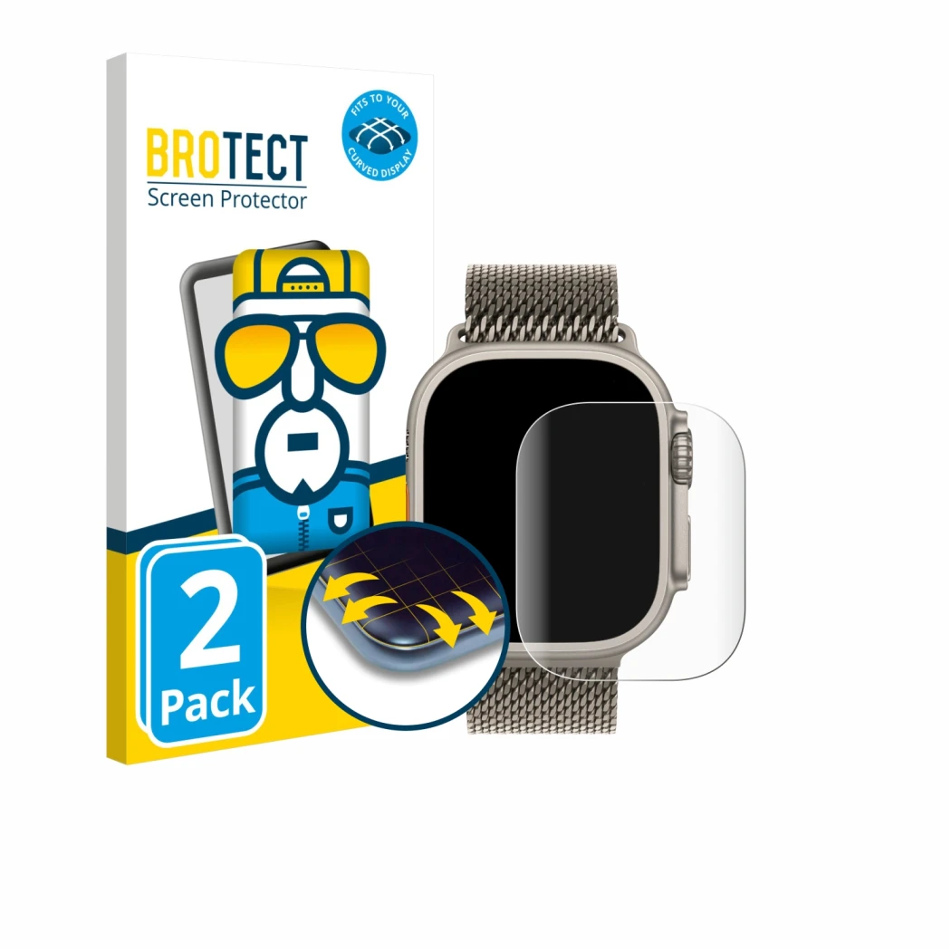 Parte frontale di una confezione del prodotto con il logo del marchio BROTECT. Accanto è raffigurato il dispositivo Apple Watc