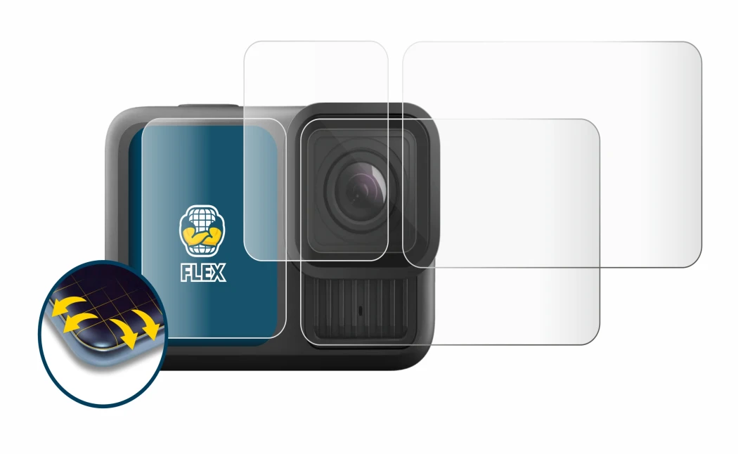 Immagine del dispositivo GoPro Hero 13 Black con un'ampia varietà di protezioni per lo schermo.