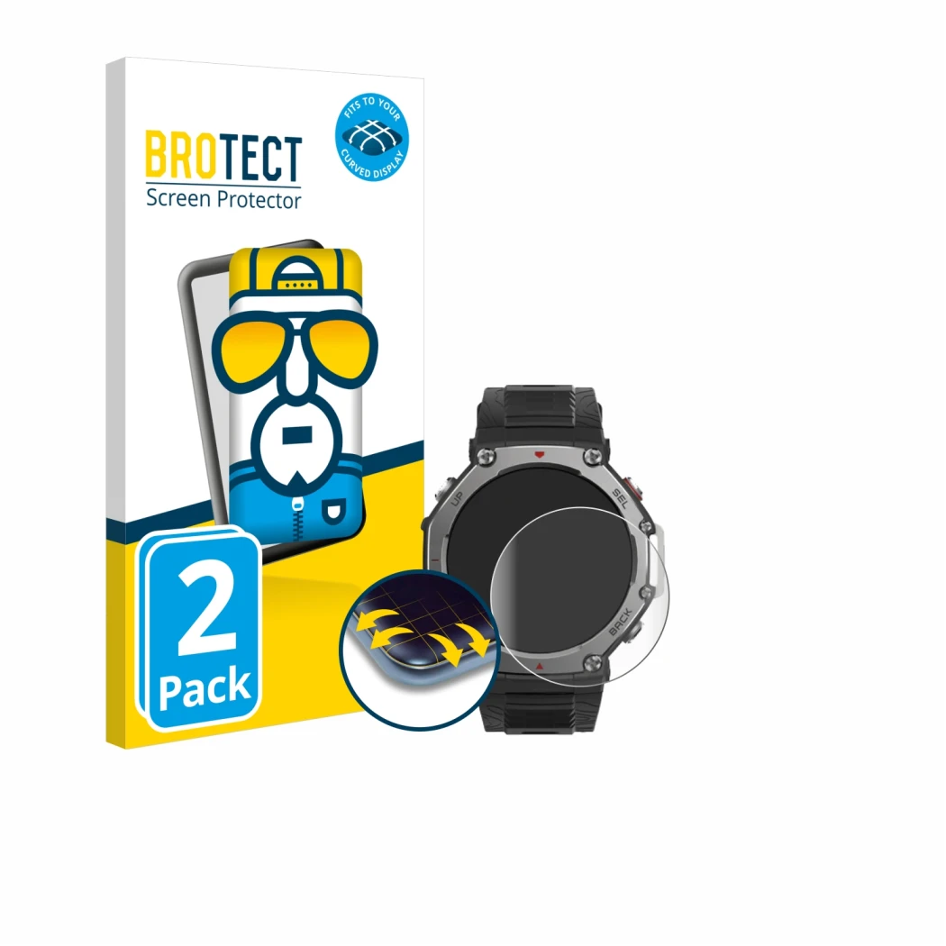 Parte frontale di una confezione del prodotto con il logo del marchio BROTECT. Accanto è raffigurato il dispositivo Huami Amaz