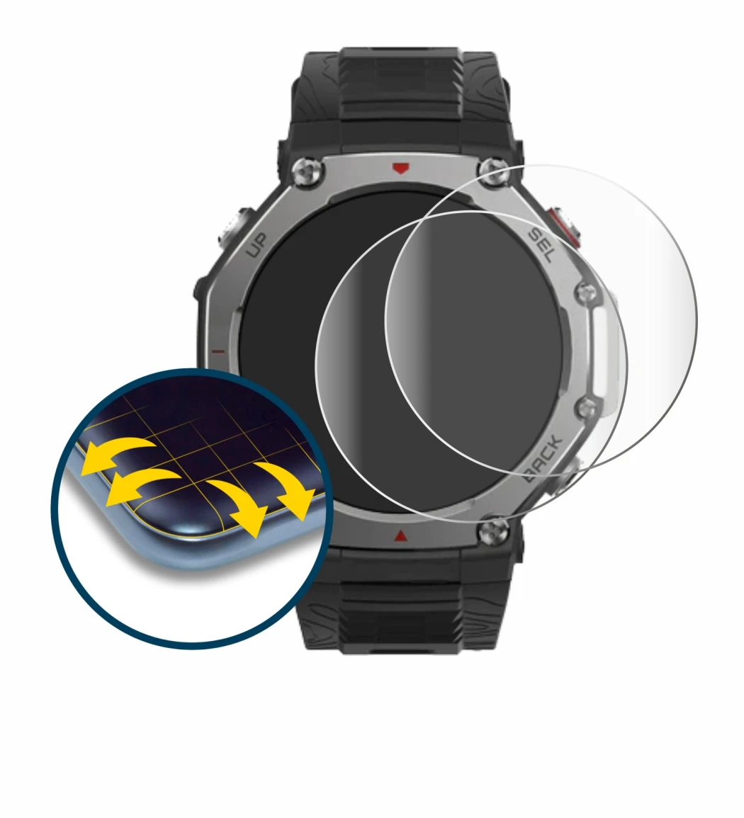 Immagine del dispositivo Huami Amazfit T-Rex 3 con un'ampia varietà di protezioni per lo schermo.