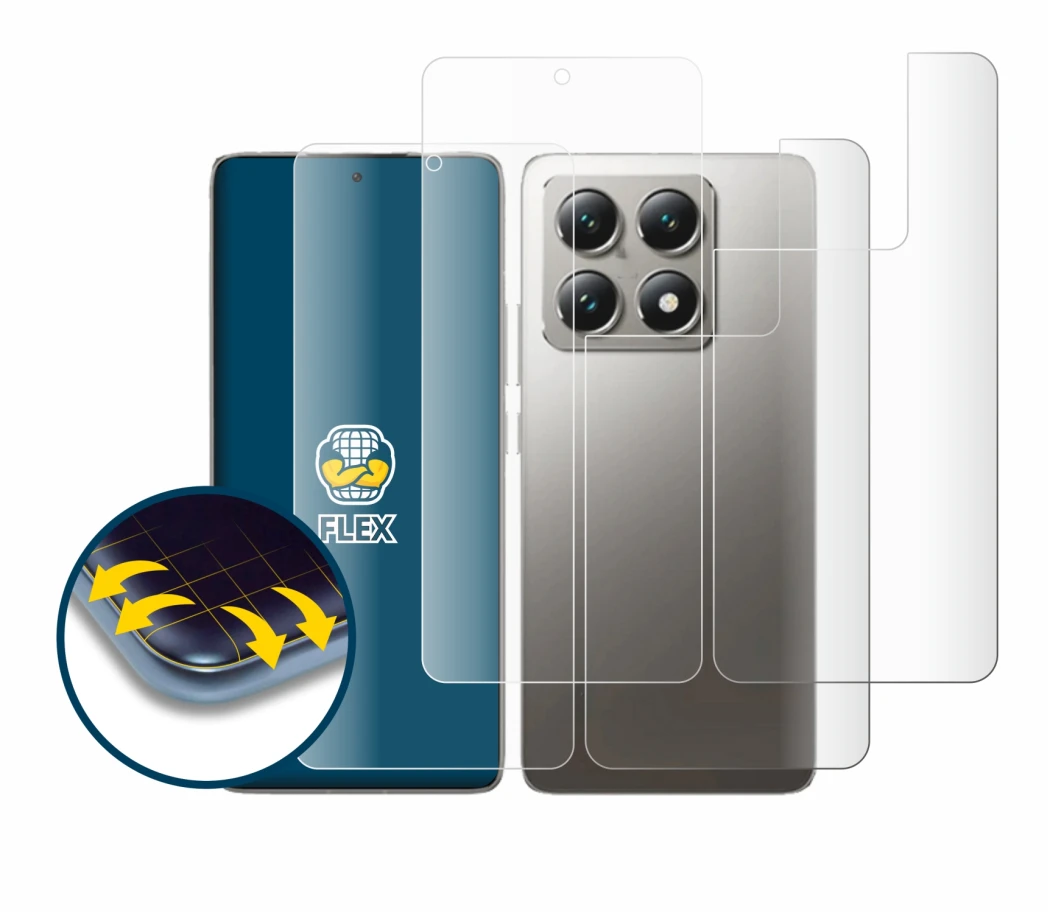 Immagine del dispositivo Xiaomi 14T Pro (Fronte+Retro) con un'ampia varietà di protezioni per lo schermo.