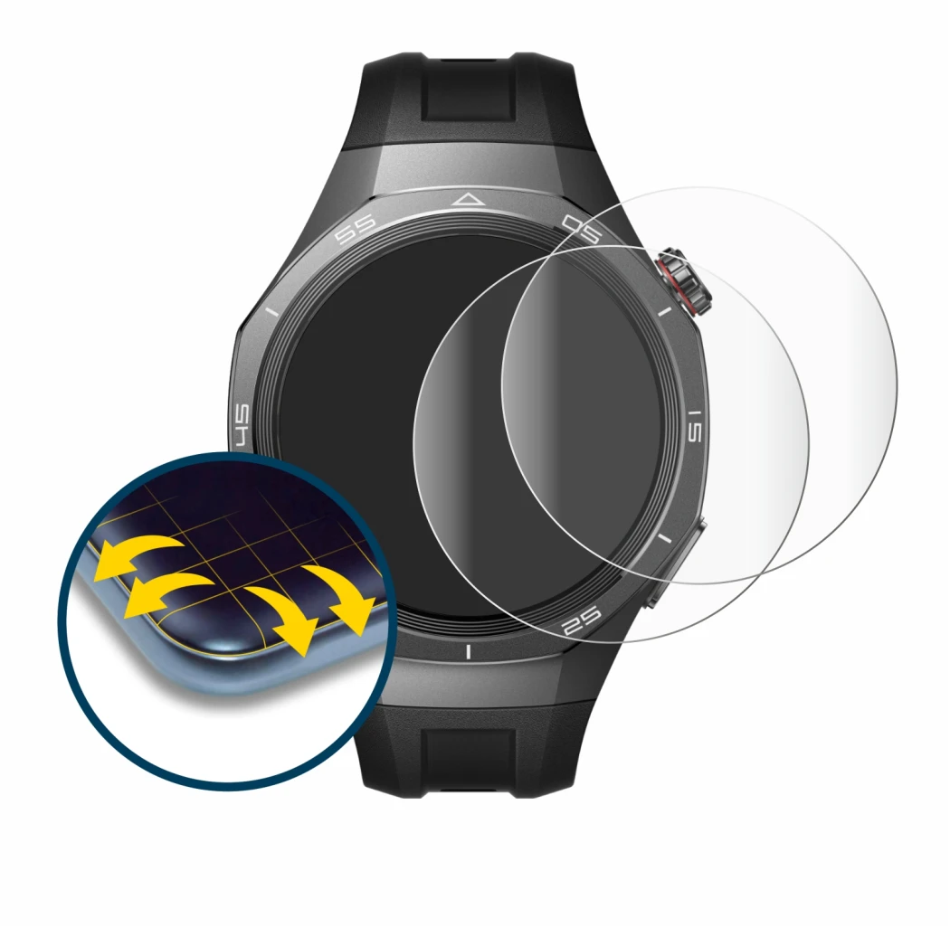 Immagine del dispositivo Huawei Watch GT 5 Pro (46 mm) con un'ampia varietà di protezioni per lo schermo.