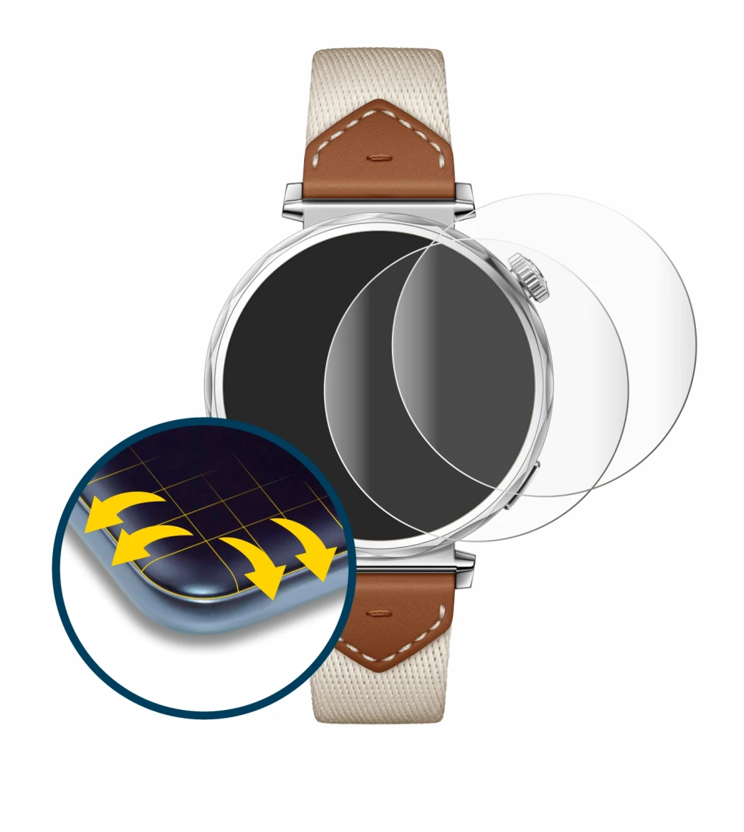 Immagine del dispositivo Huawei Watch GT 5 (41 mm) con un'ampia varietà di protezioni per lo schermo.