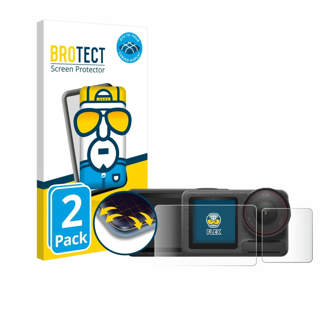 Parte frontale di una confezione del prodotto con il logo del marchio BROTECT. Accanto è raffigurato il dispositivo DJI Osmo A