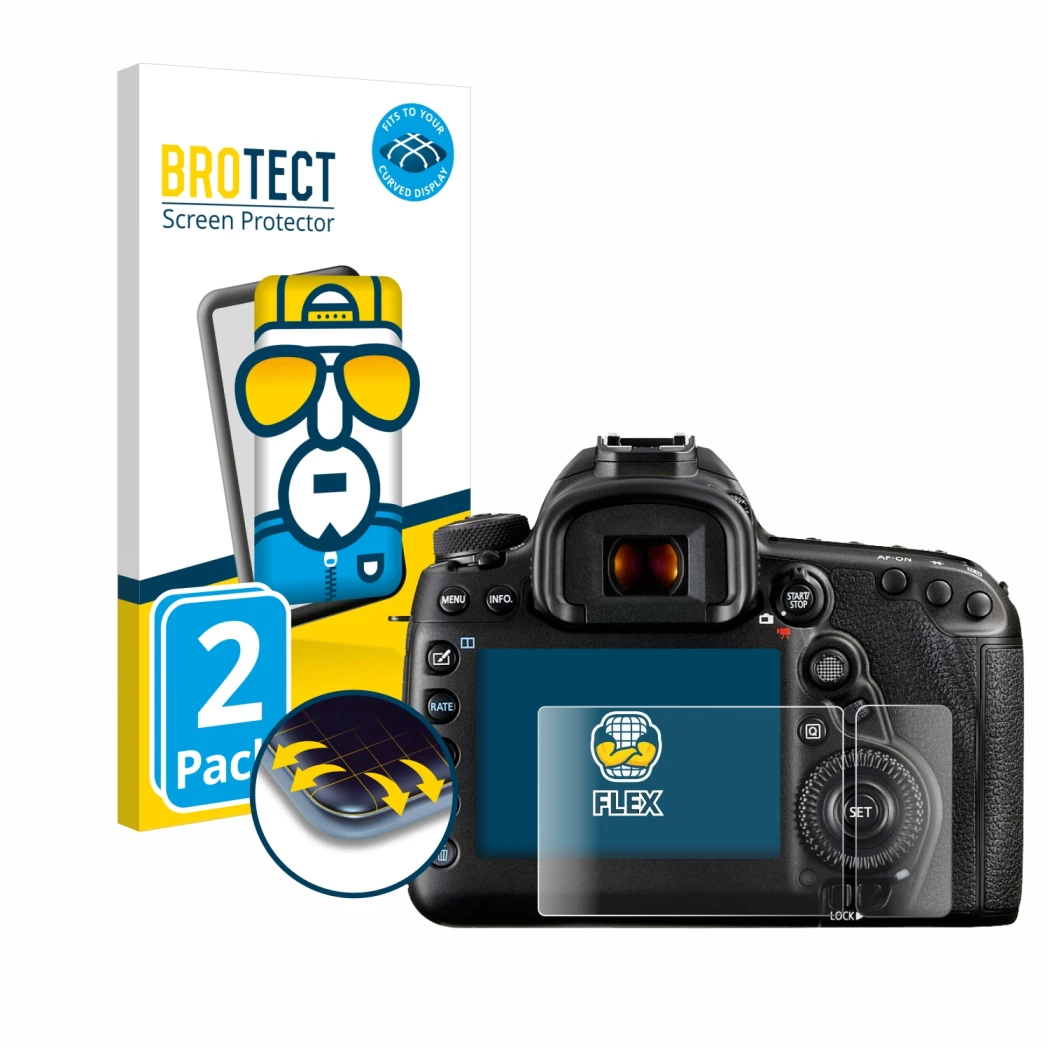 Parte frontale di una confezione del prodotto con il logo del marchio BROTECT. Accanto è raffigurato il dispositivo Canon EOS