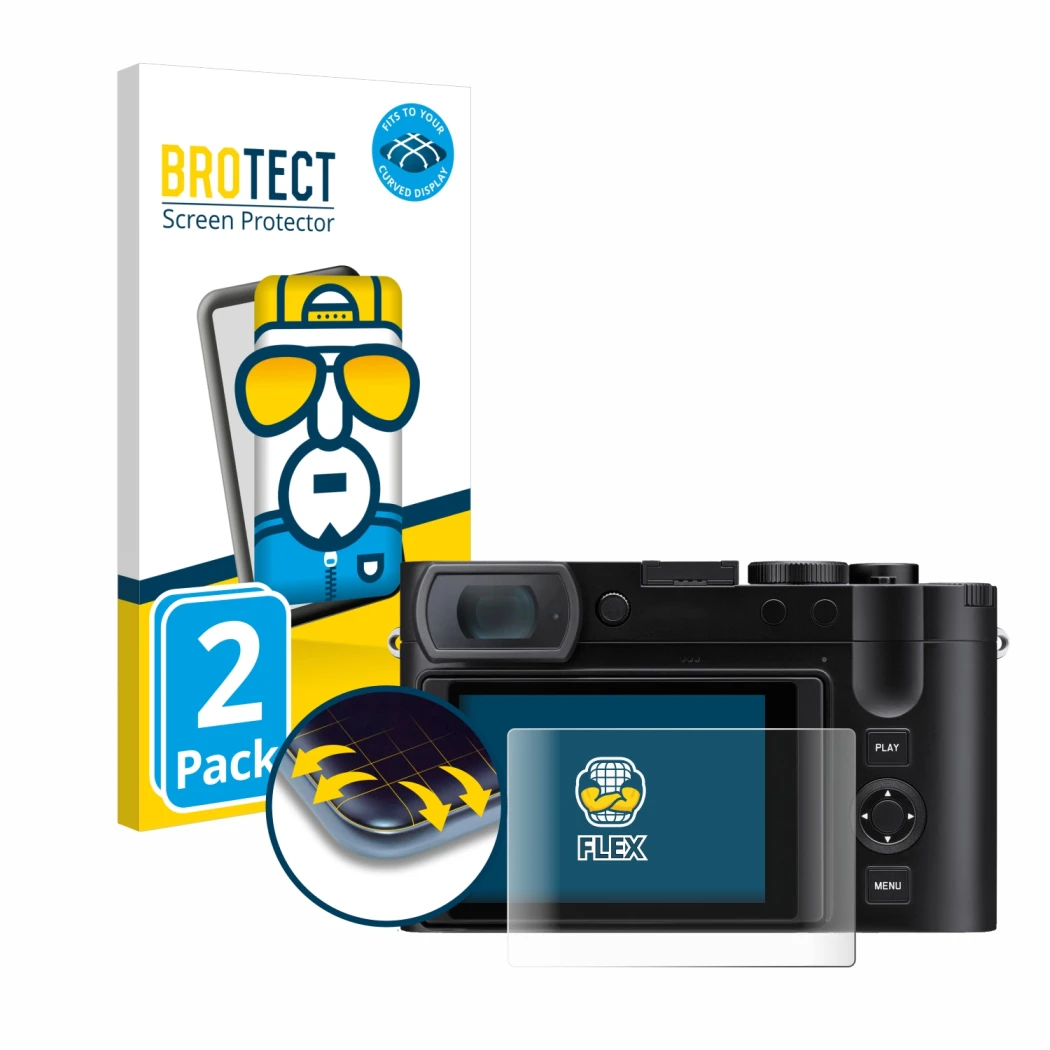 Parte frontale di una confezione del prodotto con il logo del marchio BROTECT. Accanto è raffigurato il dispositivo Leica Q3 4