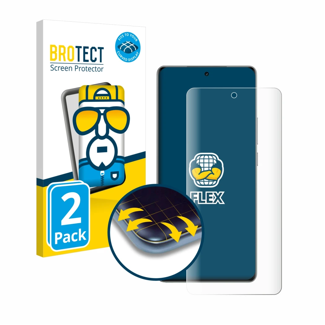 Parte frontale di una confezione del prodotto con il logo del marchio BROTECT. Accanto è raffigurato il dispositivo realme GT