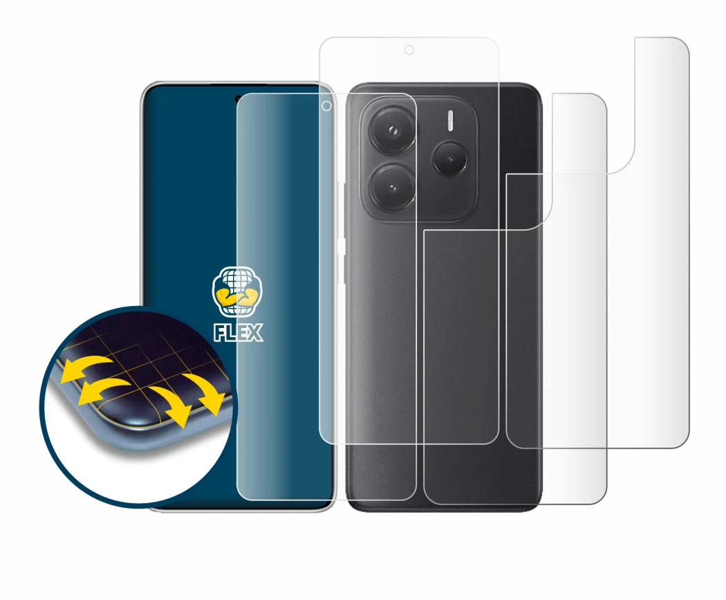 Immagine del dispositivo Xiaomi Redmi Note 14 (Fronte+Retro) con un'ampia varietà di protezioni per lo schermo.