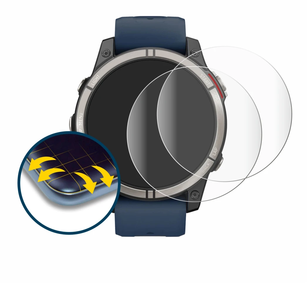 Immagine del dispositivo Garmin quatix 7 Pro con un'ampia varietà di protezioni per lo schermo.