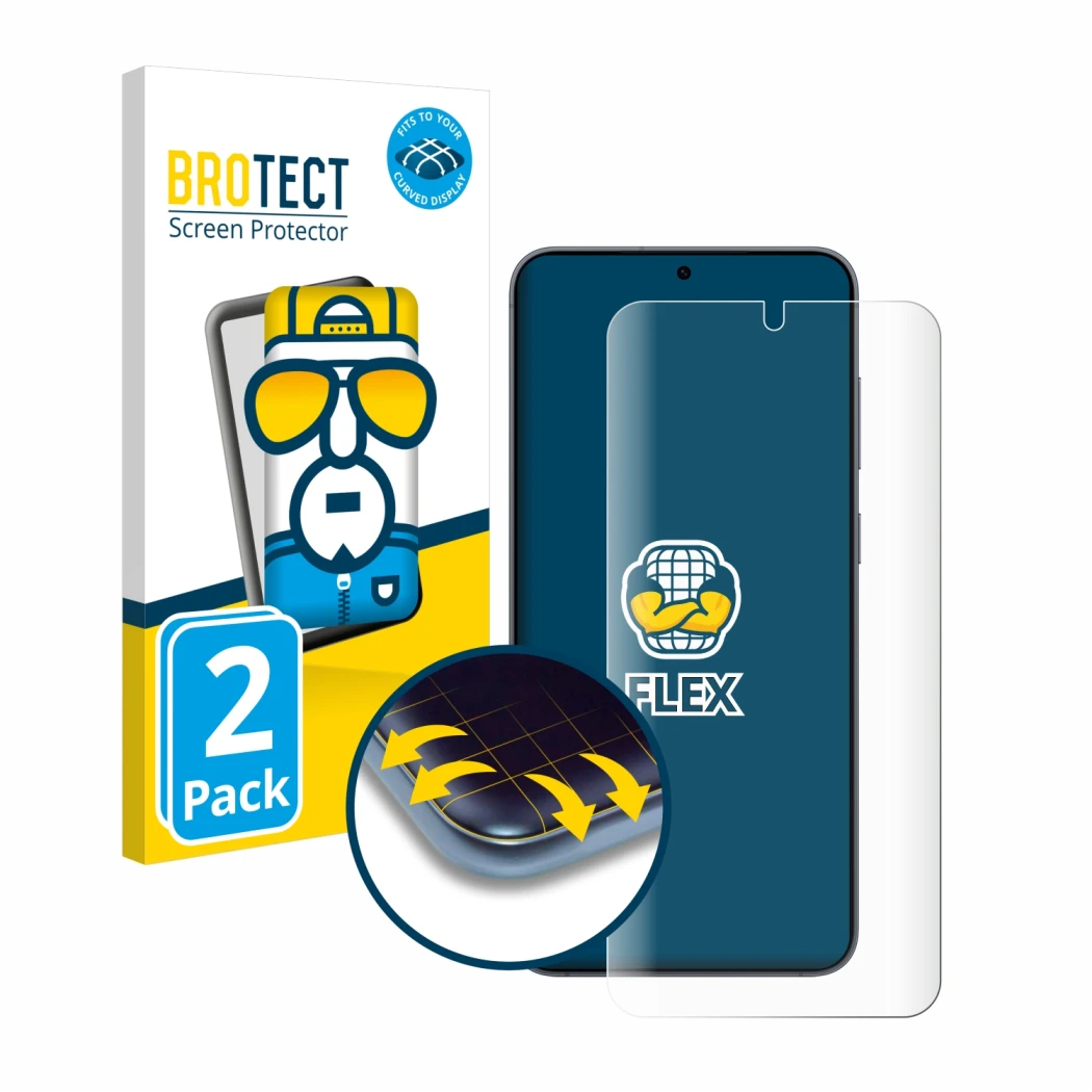 Parte frontale di una confezione del prodotto con il logo del marchio BROTECT. Accanto è raffigurato il dispositivo Samsung Ga