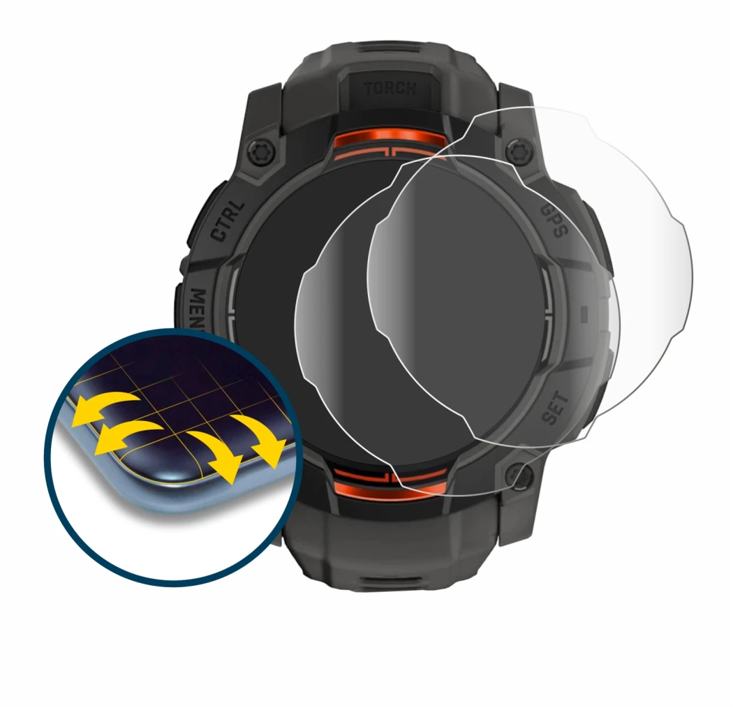 Immagine del dispositivo Garmin Instinct 3 Solar (50 mm) con un'ampia varietà di protezioni per lo schermo.