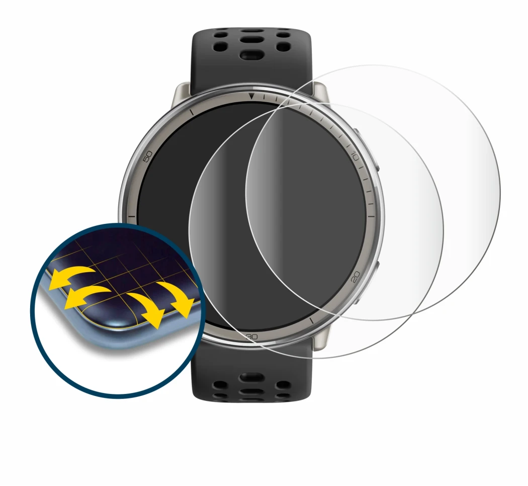 Immagine del dispositivo Amazfit Active 2 con un'ampia varietà di protezioni per lo schermo.