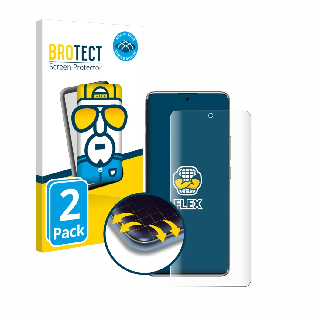 Parte frontale di una confezione del prodotto con il logo del marchio BROTECT. Accanto è raffigurato il dispositivo Xiaomi Poc