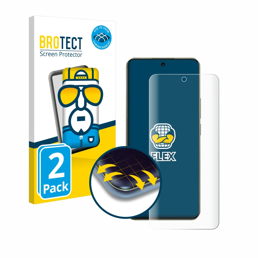 Parte frontale di una confezione del prodotto con il logo del marchio BROTECT. Accanto è raffigurato il dispositivo realme 14 