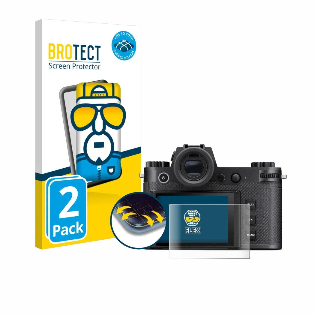 Parte frontale di una confezione del prodotto con il logo del marchio BROTECT. Accanto è raffigurato il dispositivo Leica SL3-