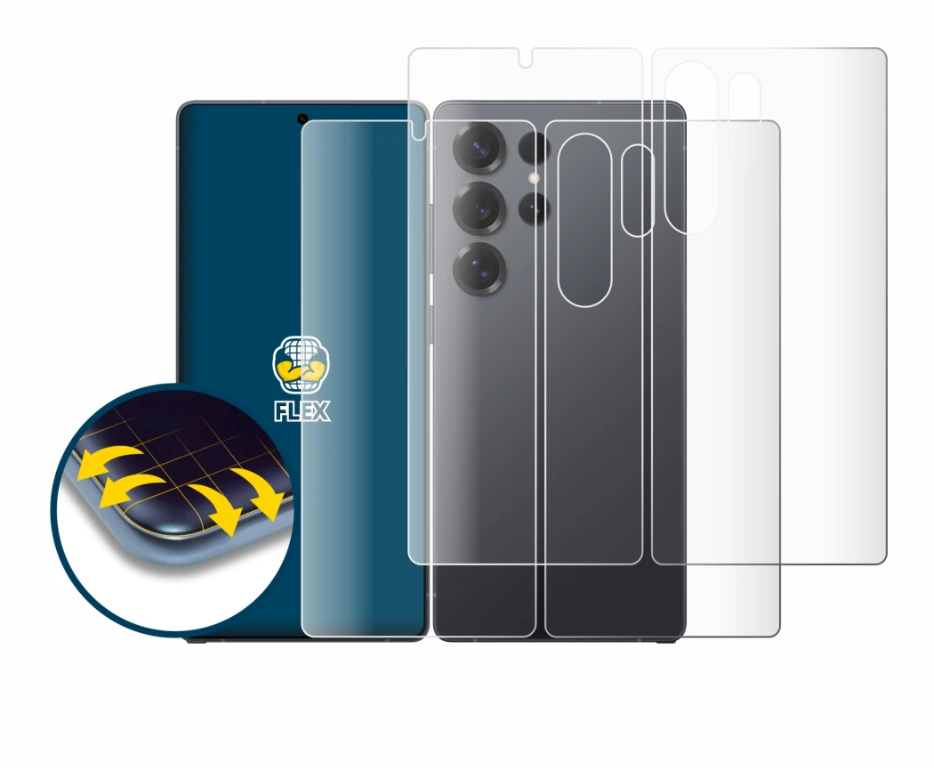 Immagine del dispositivo Samsung Galaxy S25 Ultra (Fronte+Retro) con un'ampia varietà di protezioni per lo schermo.